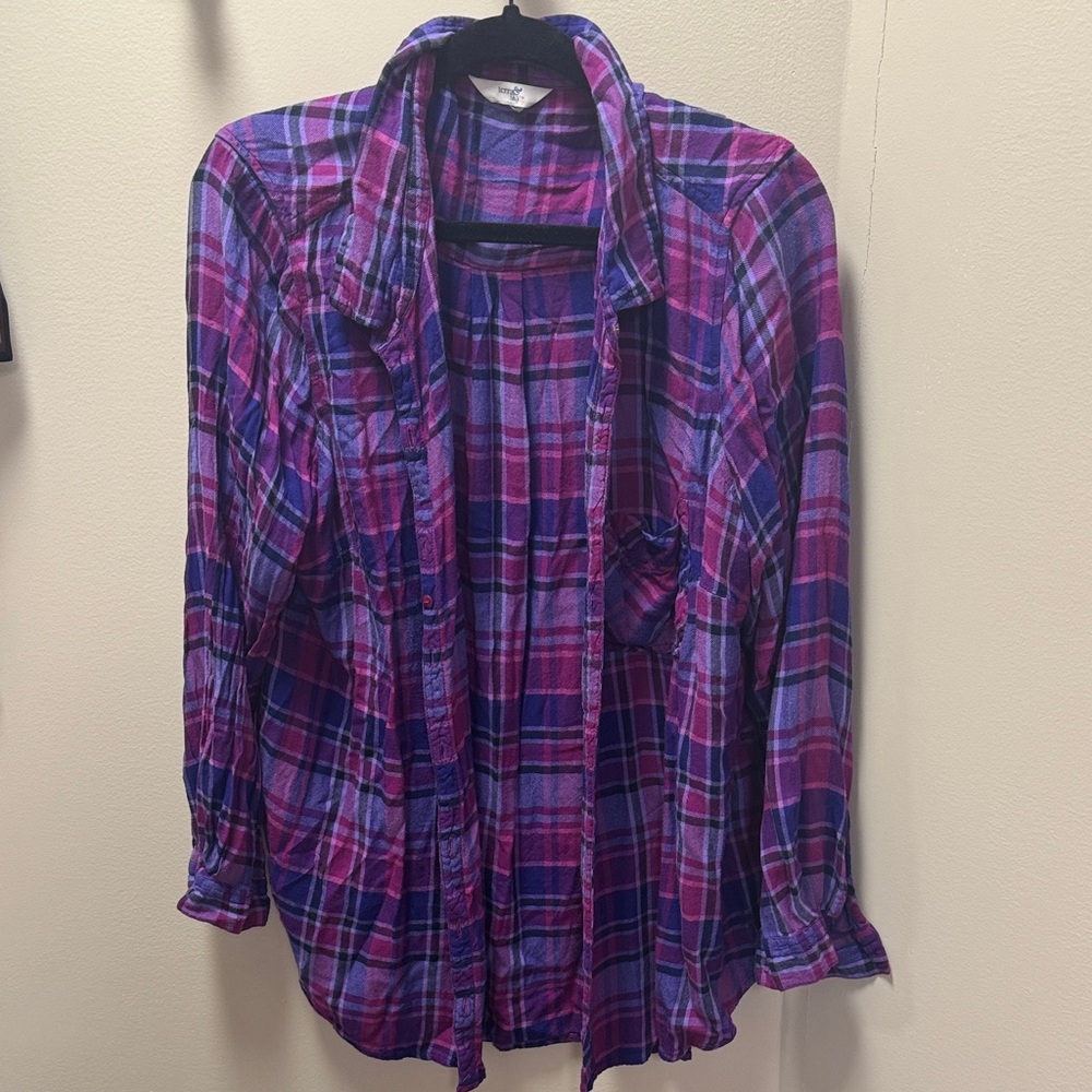 Women’s Purple and Pink Plaid Button-Up Shirt, soft flannel